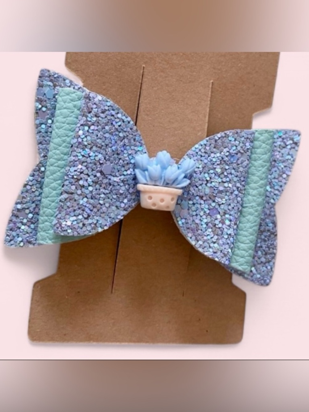 Glittery Bow Hair Clip with Succulent Design
